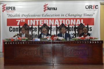 01-Prof. Jack Boulet  & VC KMU Prof. Arsahd Javaid along with others at inagural session sitting on stage during 7th MHPE&R Conferen (Custom)1553143515.JPG
