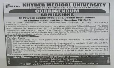 Corrigendum Admissions in Private Sector Medical and Dental Colleges 2018-19